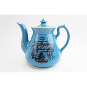 Hall Teapot Blue Gold Colonial Fireplace Hearth 6 Cup Ceramic 0066 Good